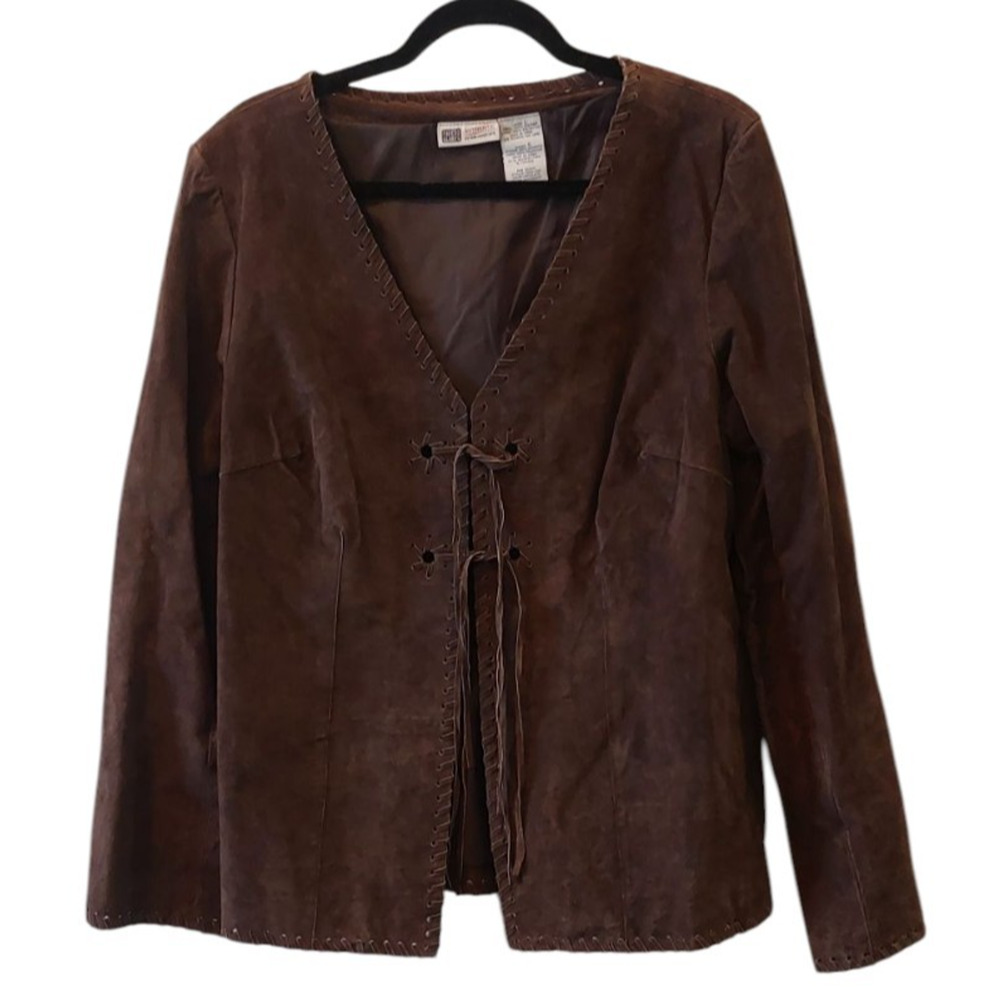 Faded Glory Vtg Large (12-14) Genuine Suede Leather Tie Front Jacket‎ Brown